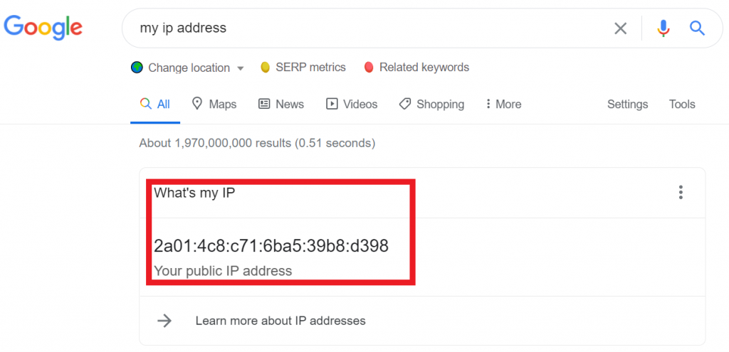 Screenshot of IP address when using partner friendly bookies